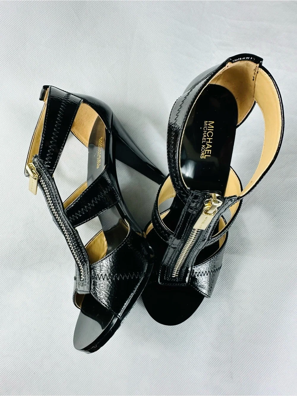 MICHAEL Michael Kors Black Patent Leather T-Strap Zip High Heels